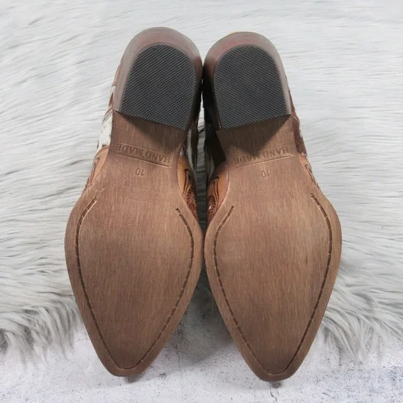 MYRA Western Boho Horse Jane Tooled Leather Hairon Calf-Hair Ankle Booties 10 - Picture 9 of 11
